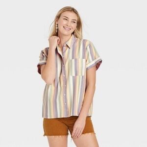 Short sleeve button down striped top